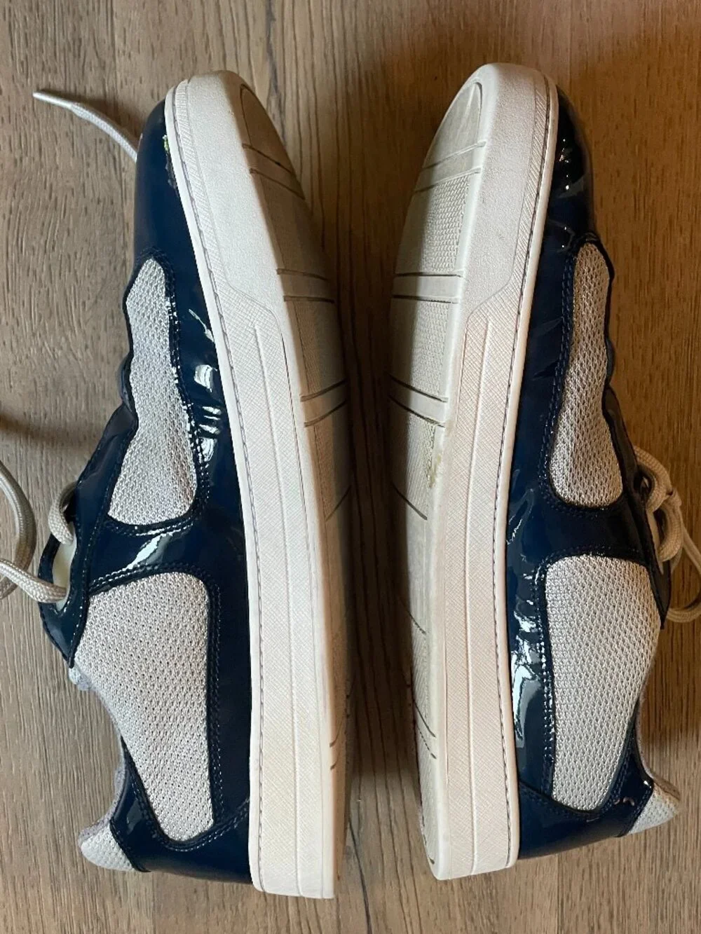 Prada Men's Patent Leather & Mesh Sneakers, 4E3166 Deep Blue Outdoor Size: 8